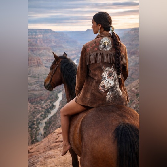 Alfani Jackets & Blazers - Gorgeous handpainted suede fringe jacket sz SM tribal Southwest horse eagle OOAK